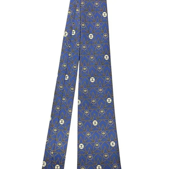 CHANEL Mens Navy Blue Silk Designer Neck Tie Adjustable Star Pattern Logo